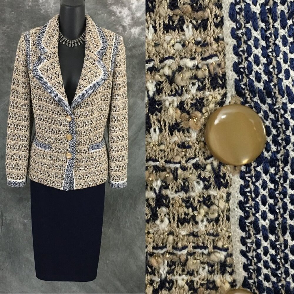 NWT NEW St John knit Fawn blue white beige multi jacket skirt suit size 8 10